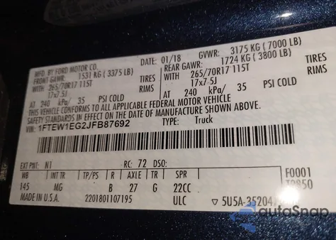 2018 Ford F-150 Xlt z USA, uszkodzony, nr VIN 1FTEW1EG2JFB87692